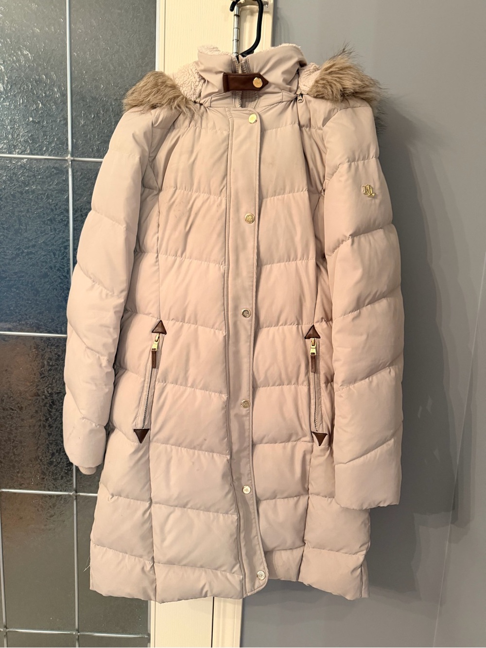 Ralph Lauren Pale Pink Quilted Down Puffer Coat with Faux Fur Trim